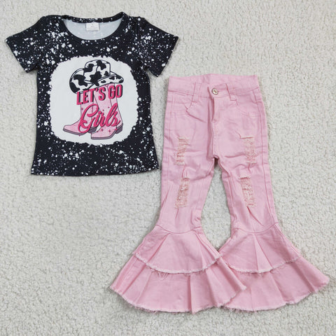 GSPO0496 Fashion Let's go girls Light Pink Jeans 2 Pcs Girl's Set