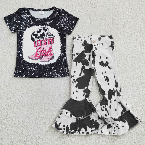 GSPO0497 Fashion Let's go girls Cow Jeans 2 Pcs Girl's Set