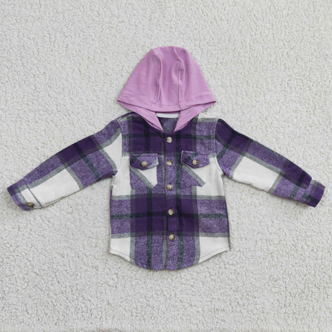 GT0150 Fashion Kid's Clothing Cute Hoodie Flannel Buttons Plaid Purple Coat