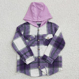 GT0150 Fashion Kid's Clothing Cute Hoodie Flannel Buttons Plaid Purple Coat