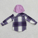 GT0150 Fashion Kid's Clothing Cute Hoodie Flannel Buttons Plaid Purple Coat