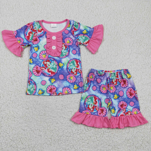 SALE GSSO0152 Summer Cartoon Mermaid Pink Purple Girl's Shorts Set