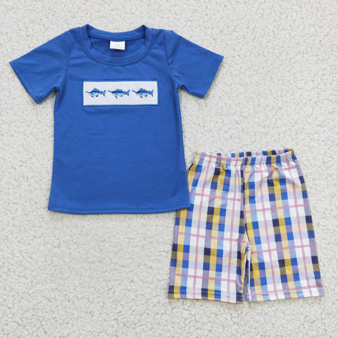 BSSO0125 Embroidery Summer Shark Fish Blue Plaid Boy's Shorts Set