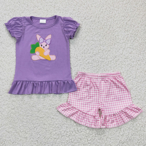 GSSO0126 Embroidery Easter Rabbit Carrot Purple Girl's Shorts Set