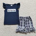 Embroidery Summer Mallard Duck Navy Blue Plaid Girl's Shorts Set