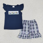 Embroidery Summer Mallard Duck Navy Blue Plaid Girl's Shorts Set