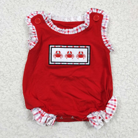 SR0156 Summer Red Embroidery Crab Plaid Baby Bubble Girl's Romper