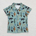 BT0214 Western Cactus Horse Riding Short Sleeves Buttons Boy's Shirt