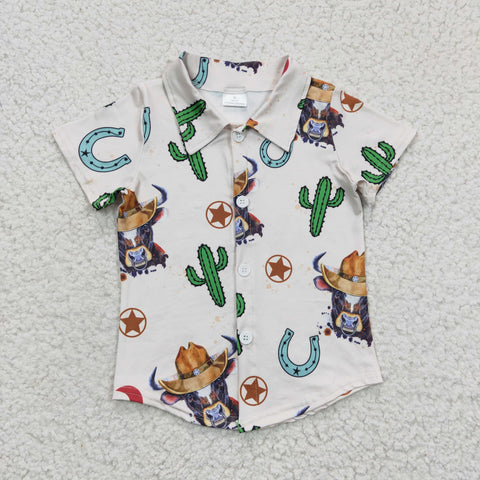 BT0213 Western Cactus Cow White Short Sleeves Buttons Boy's Shirt