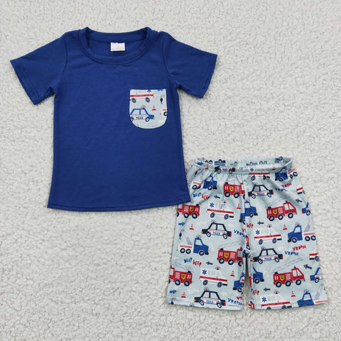 BSSO0121 Summer Fire Truck Blue Boy's Shorts Set