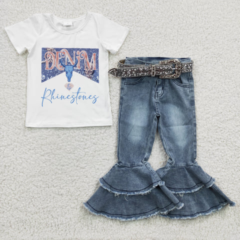 GSPO0454 Fashion Denim Western Blue Jeans 3 Pcs Girl's Set