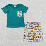 SALE BSSO0118 Summer Truck Car Green Blue Boy's Shorts Set