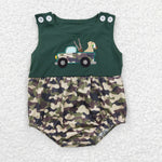 SR0183 Embroidery New Camo Car Dog Army Green Baby Boy's Romper