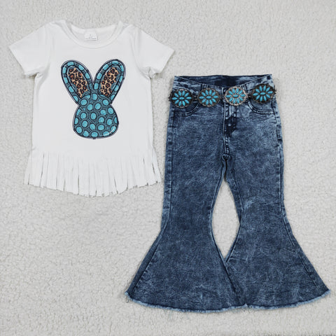 GSPO0462 Fashion Denim Easter Bunny Blue Jeans 3 Pcs Girl's Set