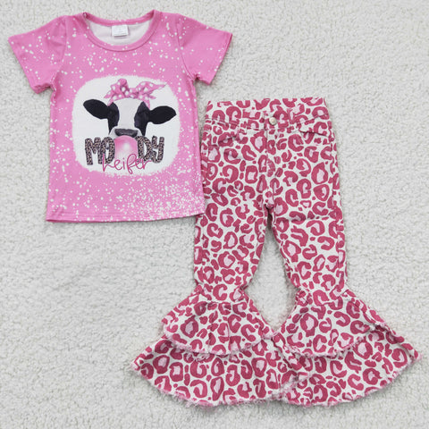 GSPO0444 Fashion Valentine's Day Moody Heifer Pink Jeans 2 Pcs Girl's Set