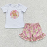 GSSO0158 Easter Rabbit Pink Plaid Girl's Shorts Set