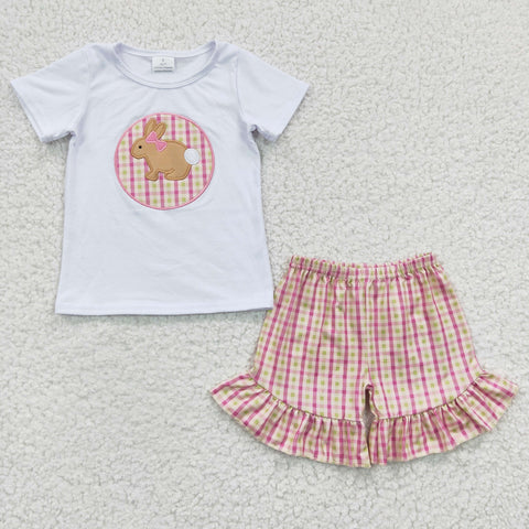 GSSO0158 Easter Rabbit Pink Plaid Girl's Shorts Set