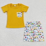 BSSO0122 Summer Truck Car Yellow Boy's Shorts Set