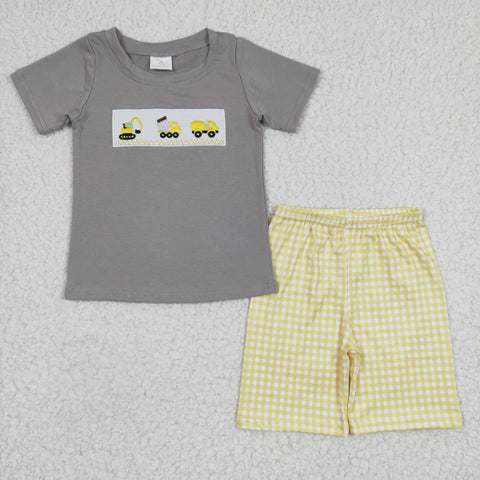 BSSO0124 Embroidery Truck Grey Yellow Plaid Boy's Shorts Set