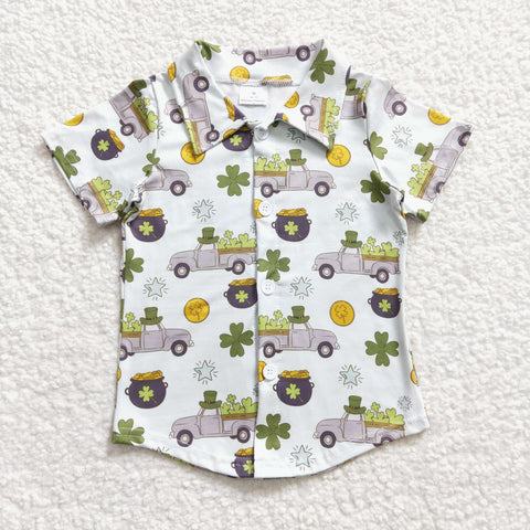 BT0181 St patrick Green Car Leaf Short Sleeves Buttons Boy's Shirt