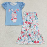 GSPO0460 Easter Rabbit Bunny Flower Sky Blue Girl's Set