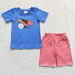 BSSO0134 Embroidery Baseball Flag Red Plaid Boy's Shorts Set