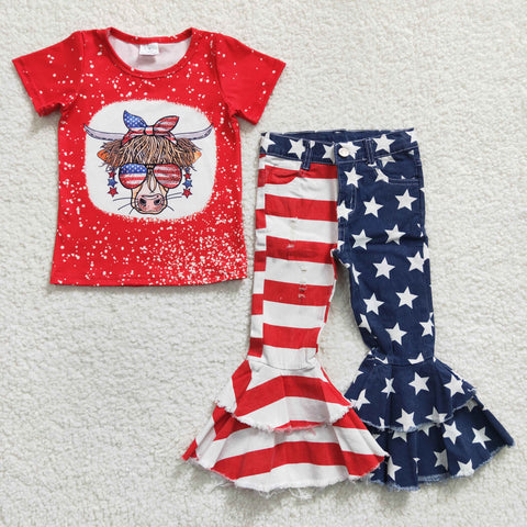 GSPO0408 Fashion Western Cow America Red Jeans 2 Pcs Girl's Set