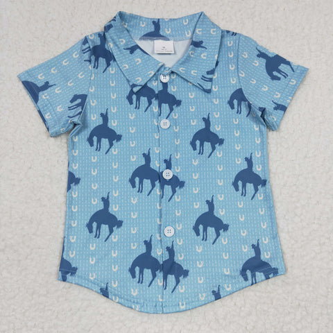 BT0164 Horse Riding Blue Short Sleeves Buttons Boy's Shirt