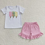 GSSO0157 Summer embroidery Popsicle Pink Plaid Girl's Shorts Set