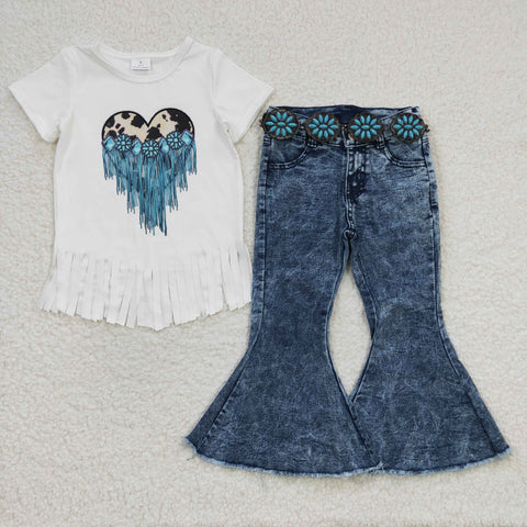 GSPO0463 Fashion Denim Western Love Blue Jeans 3 Pcs Girl's Set