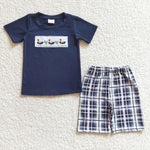 BSSO0128 Embroidery Mallard Duck Navy Blue Plaid Boy's Shorts Set