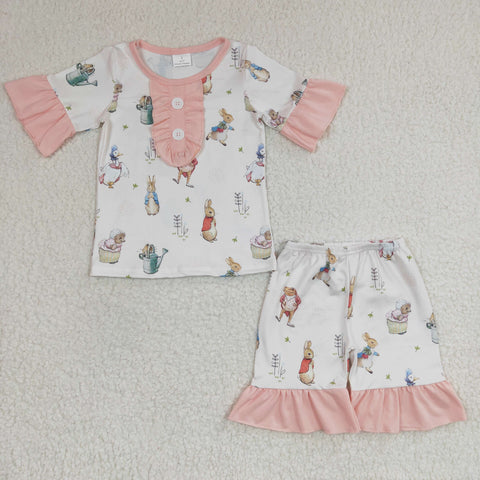 GSSO0155 Cartoon Easter Rabbit Pink Girl's Shorts Set