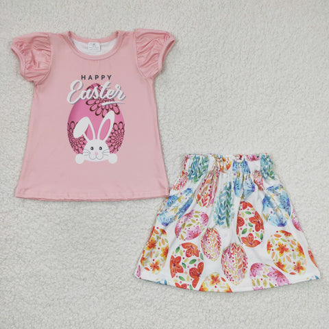 GSSO0167 Happy Easter Rabbit Flower Egg Pink Skirt Girl's Set
