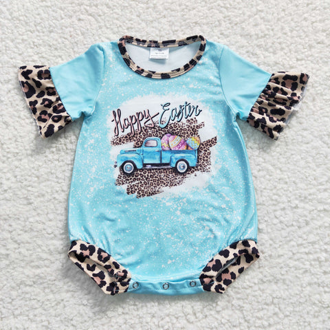 SR0116 Happy Easter Egg Car Leopard Blue Cute Baby Boy's Romper