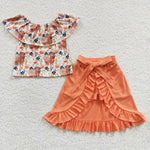 GSSO0184 Fashion Cow Flower Orange Skirt Shorts Belt Girl's Set