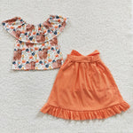 GSSO0184 Fashion Cow Flower Orange Skirt Shorts Belt Girl's Set