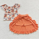 GSSO0184 Fashion Cow Flower Orange Skirt Shorts Belt Girl's Set