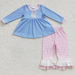 GLP0393 Embroidery Easter Rabbit Egg Blue Pink Plaid Girl's Set