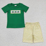 BSSO0126 Embroidery Truck Green Yellow Plaid Boy's Shorts Set