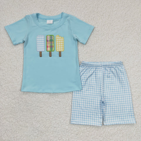 BSSO0129 Summer Embroidery Popsicle Sky Blue Plaid Boy's Shorts Set