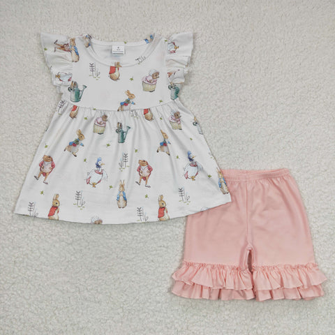 GSSO0154 Cartoon Rabbit Pink Girl's Shorts Set