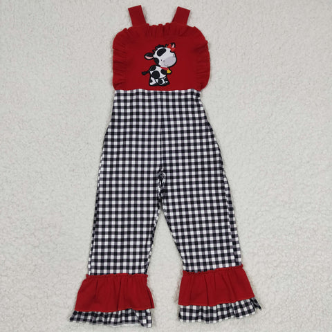 SR0165 Cute Embroidery Cow Black Plaid Red Girl's Jumpsuit