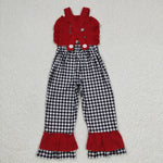 SR0165 Cute Embroidery Cow Black Plaid Red Girl's Jumpsuit