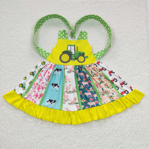 SALE A0-21 Boutique Truck Car Farm Yellow Green Twirl Girl's Dress