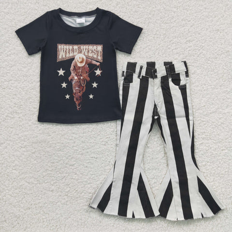 GSPO0500 WILD WEST Black Stripe Jeans 2 Pcs Girl's Set