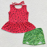 GSSO0192 Summer Watermelon Red Green Stripe Girl's Shorts Set