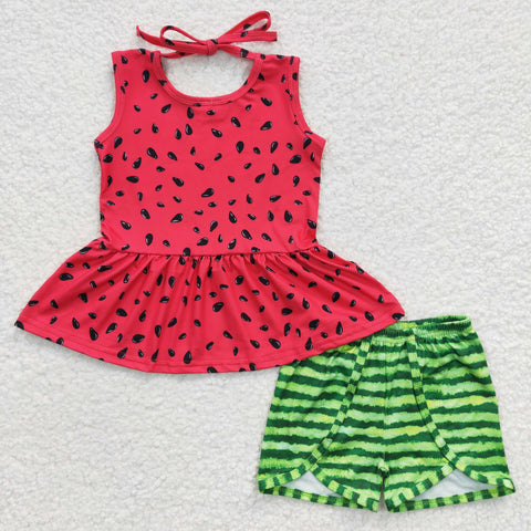 GSSO0192 Summer Watermelon Red Green Stripe Girl's Shorts Set