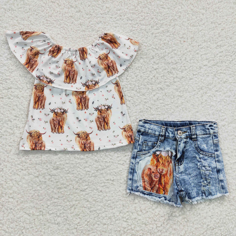 GSSO0186 Summer Fashion Western Cow Floral Denim Shorts 2 Pcs Girl's Set