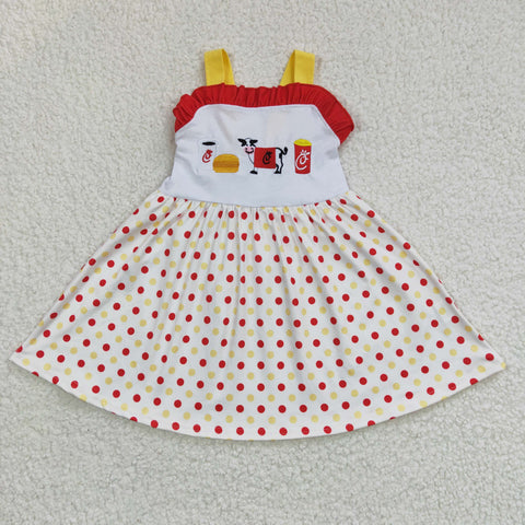 GSD0203 Embroidery  Favorite Cow Red Yellow Dots Bow Girl's Dress