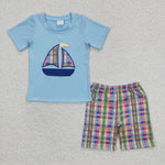 BSSO0127 Embroidery Sailboat Ocean Blue Plaid Boy's Shorts Set